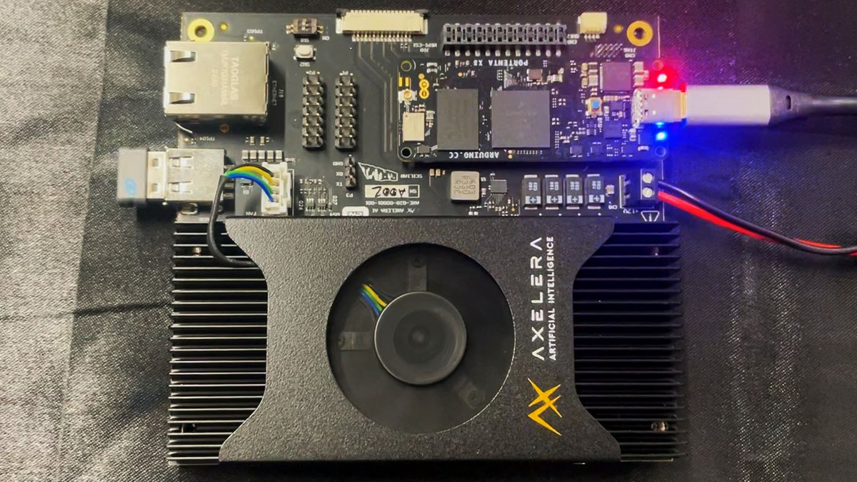 AxeleraAI's tweet image. 🚀 Metis M.2 Meets Arduino Portenta X8⚡
Check out the power of @AxeleraAI’s Metis PCIe on the @arduino Portenta X8 at #ArduinoDay! Fully offline AI chatbot demo—no cloud needed. 💡
Now in Early Access: eu1.hubs.ly/H0j8JM40
#EdgeAI #AIinference #Metis #Arduino #OfflineAI