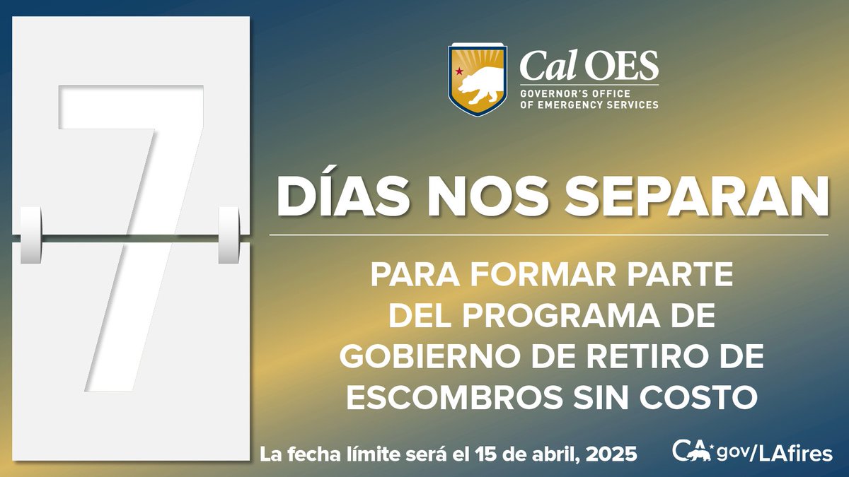 Cal_OES's tweet photo. FALTAN 7 DÍAS 📢

Si eres uno de los afectados por los incendios forestales en LA, todavía tienes tiempo para formar parte del programa de retiro de escombros.

Envía tu forma de Derecho de Entrada (ROE por sus siglas en inglés) antes del 15 de abril. 

Este programa permite el retiro de escombros sin costo para los propietarios.

¿Tienes preguntas? Llama 📞al 844-347-3332 o visita https://t.co/Pc7tx0zIE5

Vamos a reconstruir juntos.