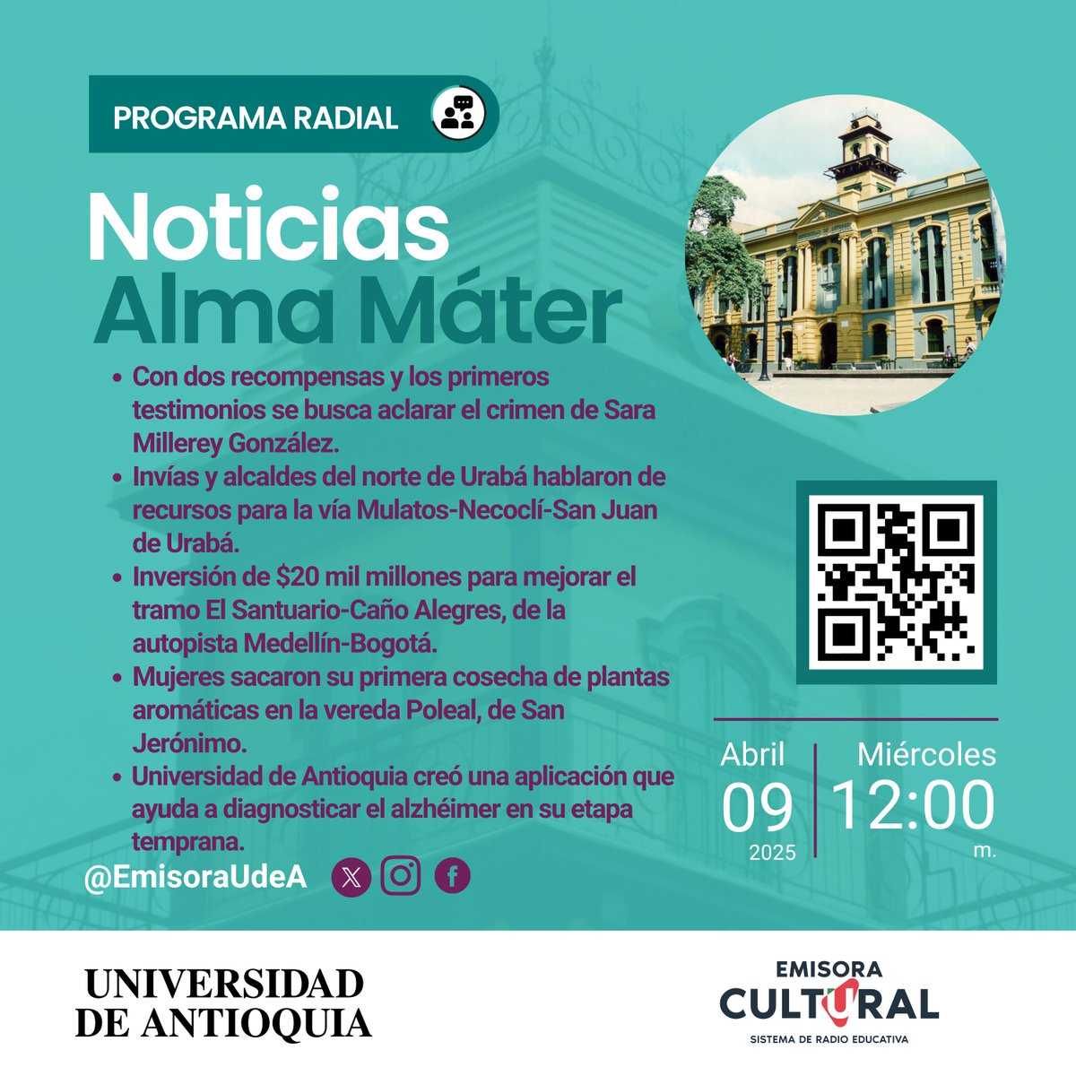 emisoraudea's tweet photo. #NoticiasAlmaMáter
- Investigación por crimen de #SaraMillerey
- @InviasOficial anuncia gestión de recursos para #Necoclí y #Arboletes, e inversión entre #ElSantuario y #CañoAlegre
- Primera cosecha de #aromáticas en Poleal #SanJerónimo
- Navegapp, la APP para detectar #alzhéimer https://t.co/EWi9uDO3Pd