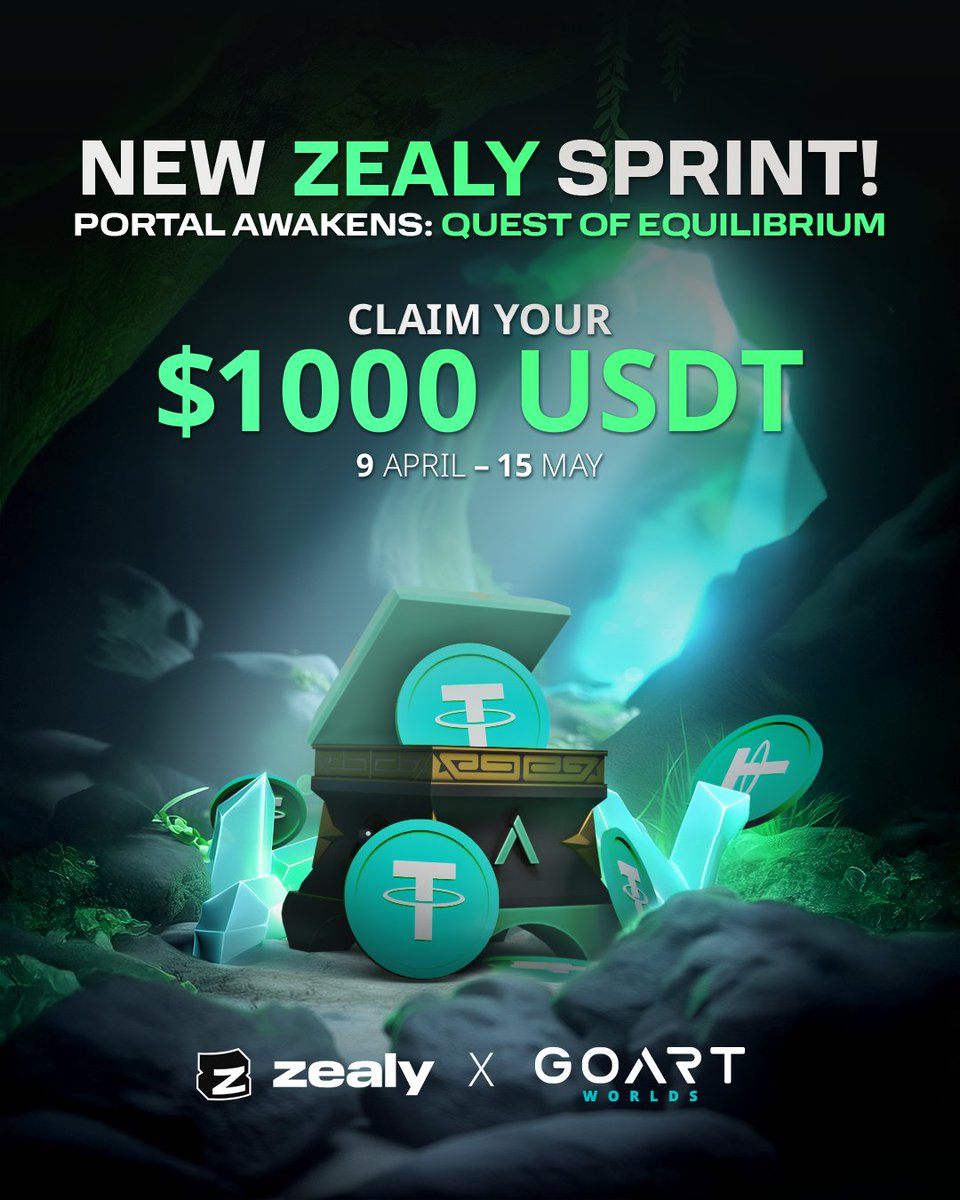 goartworlds's tweet photo. PORTAL AWAKENS: QUEST OF EQUILIBRIUM 🌘Zealy Sprint is LIVE! 🚀

Are you ready to test your skills and claim your share of 1,000 $USDT in rewards?
Compete against others and secure your place among the 75 winners!

🏆 Prize Distribution – 75 Winners (1000 USDT – Gradually Decreasing)
🔹 #1 → 60 USDT
🔹 #2 → 50 USDT
🔹 #3 → 45 USDT
🔹 #4 – #5 → 40 USDT each
🔹 #6 – #10 → 30 USDT each
🔹 #11 – #20 → 20 USDT each
🔹 #21 – #28 → 15 USDT each
🔹 #29 – #40 → 10 USDT each
🔹 #41 – #75 → 5 USDT each

🚀 Total Prize Pool: 1000 USDT
🕒 Sprint Duration: April 9 - May 15
🚀 Complete tasks, climb the leaderboard, and be among the 75 winners!

🔗 Join Now: https://t.co/KDh71pbQz8

#GoArtWorlds #ZealySprint #PortalAwakens #Zealy