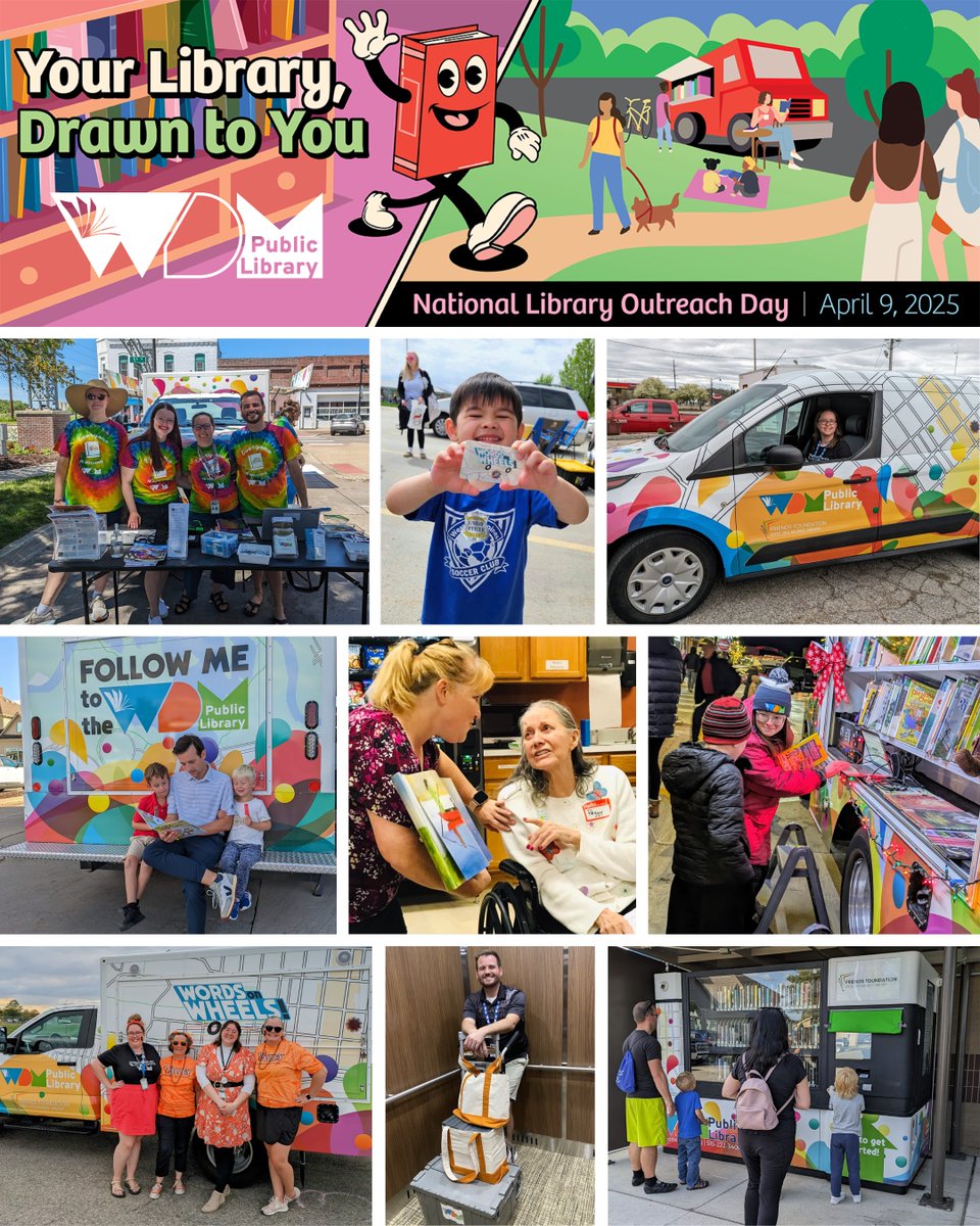 Today is National Library Outreach Day! Whether we're making stops around town in our Words on Wheels, interacting with our patrons at senior care facilities, or representing the library at community events, we love to meet our patrons where they're at. #NationalLibraryWeek