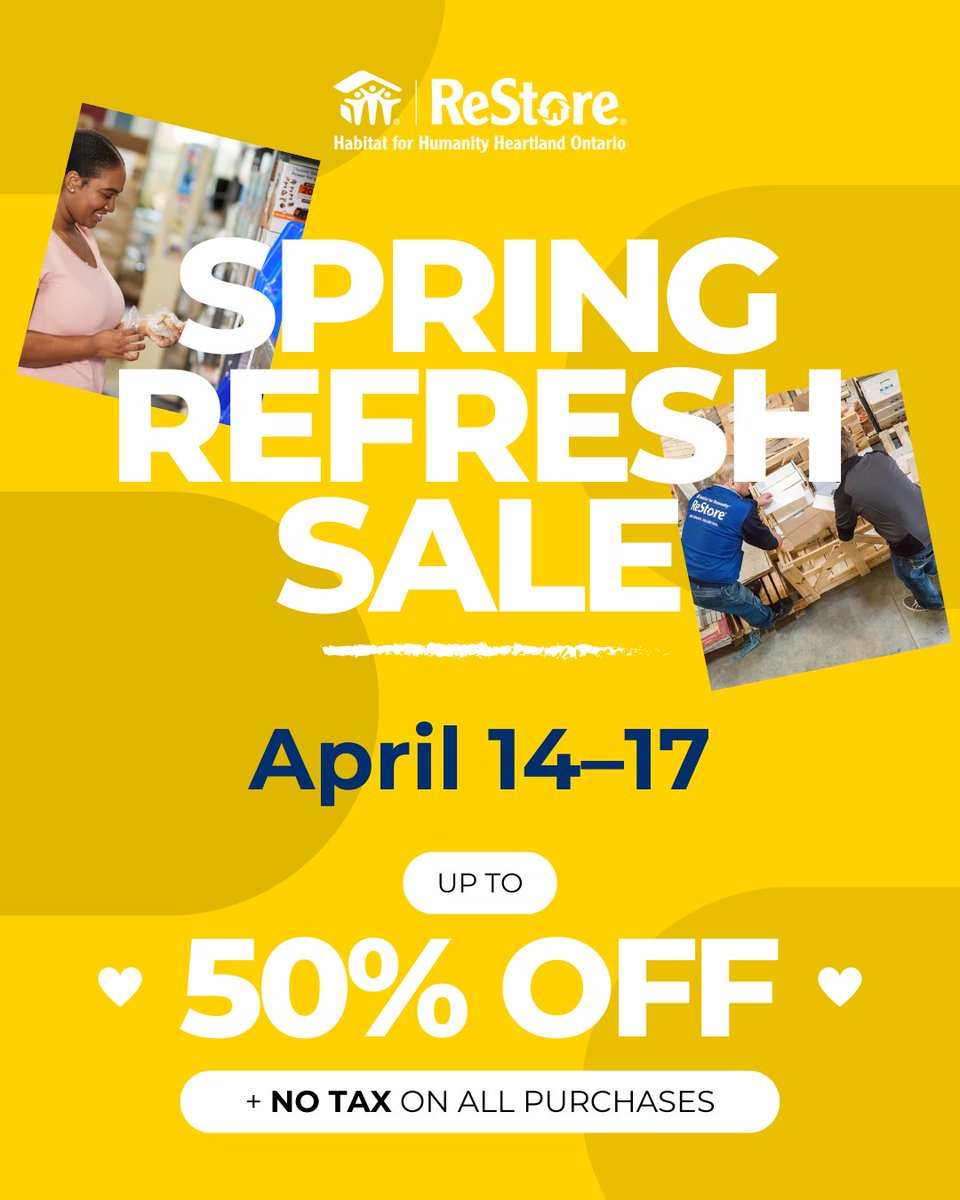 Spring Refresh Sale is coming! April 14–17, save up to 50% + pay NO TAX at all Heartland ReStore locations. Refresh your home, support your community. #SpringRefresh #ReStoreSale