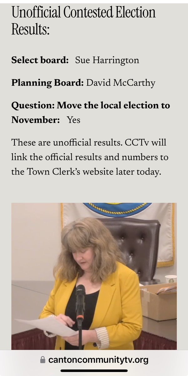 Unofficial results from the April 9th Canton Town Election. Later today the official results will be confirmed and posted by the Town Clerk’s office.
