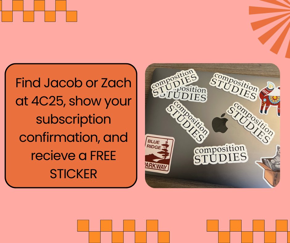 CompStudiesJrnl's tweet photo. It’s Time for a DISCOUNT! 🥳

Take $10 off a 1-year Composition Studies subscription, using the QR code below! 

BONUS: Show your confirmation to editors Jacob Babb or Zach Beare at the #4C25 conference for a free sticker! 😉

#CompStudies #WritingStudies #CompRhet #TeamRhetoric https://t.co/FP2vQwEMa5