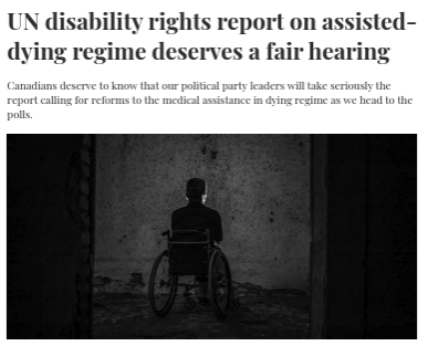 Inclusion Canada (@inclusionca) on Twitter photo "Canadians deserve to know that our political party leaders will take seriously the report calling for reforms to the medical assistance in dying regime as we head to the polls."
Inclusion Canada echoes <a href="/CatherineFrazee/">Catherine Frazee</a>'s op-ed in asking party leaders to clarify their position "Canadians deserve to know that our political party leaders will take seriously the report calling for reforms to the medical assistance in dying regime as we head to the polls."
Inclusion Canada echoes <a href="/CatherineFrazee/">Catherine Frazee</a>'s op-ed in asking party leaders to clarify their position