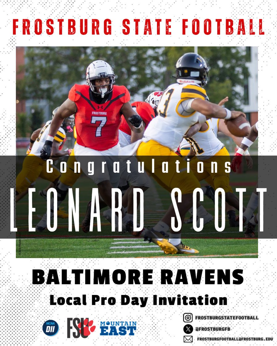 Frostburg Football (@frostburgfb) on Twitter photo Congratulations and good luck to Leonard Scott at the Local Pro Day with the <a href="/Ravens/">Baltimore Ravens</a>.
#earnit 🔴⚫️🏉 Congratulations and good luck to Leonard Scott at the Local Pro Day with the <a href="/Ravens/">Baltimore Ravens</a>.
#earnit 🔴⚫️🏉