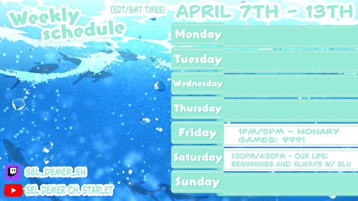 sel_demer's tweet photo. Here's the stream schedule for this week! We won't be trying our luck with EOW this week, but we'll have the usual game back on Friday (reminder that it's rated Mature for blood and gore) and Our Life with @BluabellStarlet on Saturday!💚

(Version with art on Bluesky and Discord) https://t.co/Ij3QNON6K2
