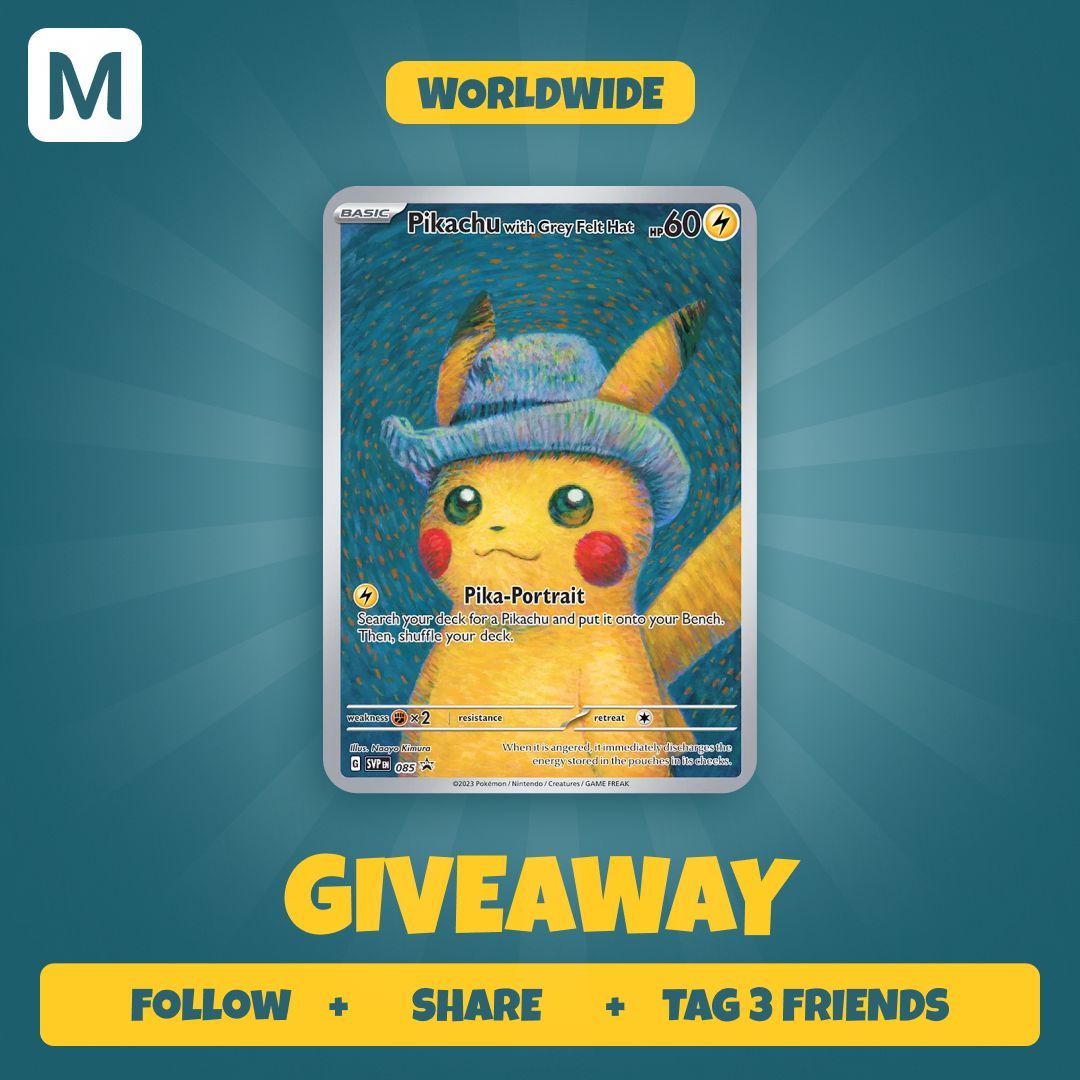 mecchaJP's tweet photo. 🎨 GIVEAWAY 🎨
Pokémon x Van Gogh - Pikachu with Grey Felt Hat SV-P 085 Promo Card
How To Enter:
🖌️ Follow us
🖌️ Share this post
🖌️ Tag 3 friends

For more info: 
🛑https://t.co/Fb1rtV2fFX
#GIVEAWAY #Pokemon #PokemonTCG #VanGogh https://t.co/fg5PoNYZfd