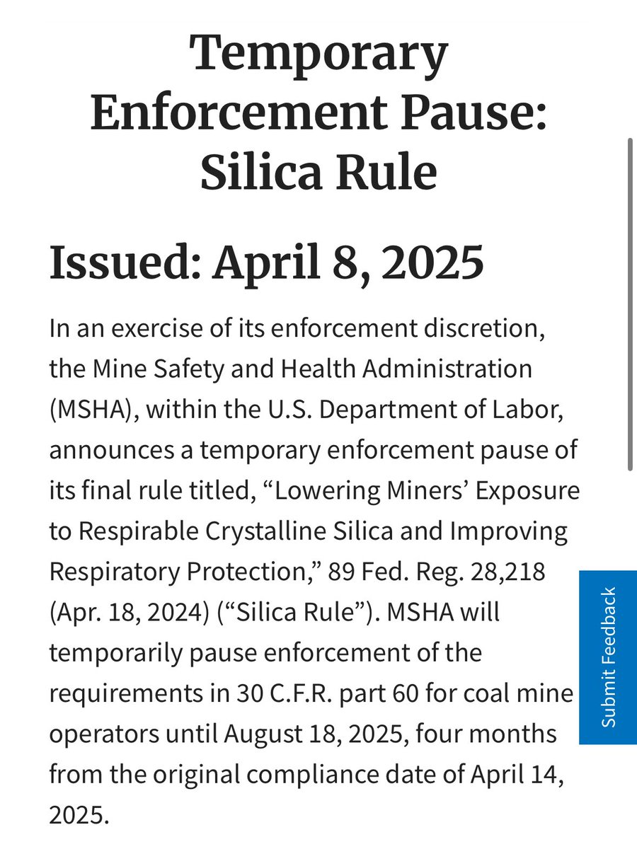 NEWS: the Trump admin has “temporarily” paused enforcement of a desperately needed silica rule aimed at combating the rising black lung crisis in Appalachia. Coal miners and their advocates have been fighting for *decades* to lower deadly silica dust exposure levels in the mines.