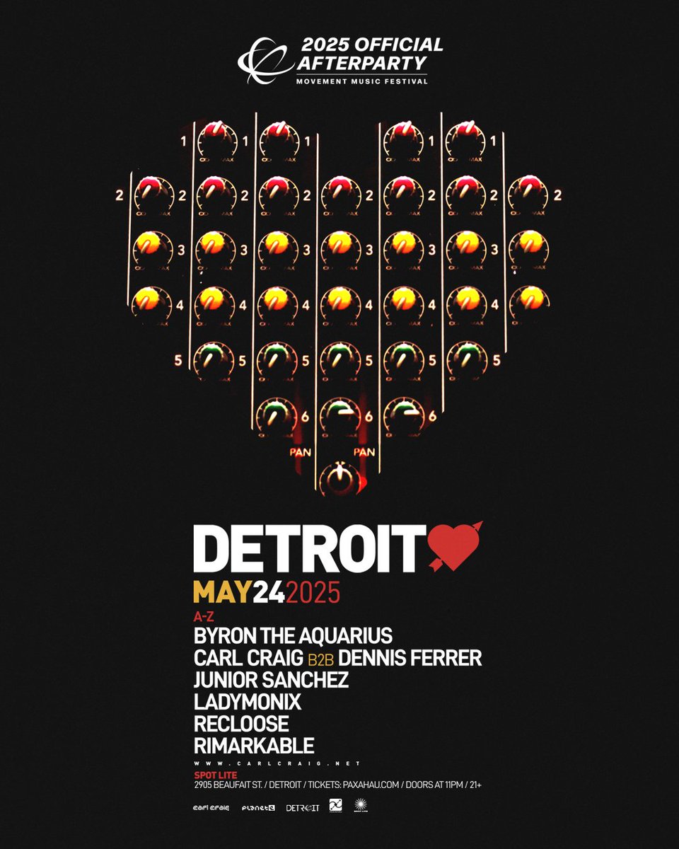 Detroit Love x <a href="/movementdetroit/">Movement Detroit</a> Official Afterparty lineup is here ♥️⁠
⁠
Hit the dancefloor Spot Lite on Saturday 5/24 with an all-star crew: <a href="/AQUARIUSMUSIQ/">BYRON THE AQUARIUS</a>, <a href="/carlcraignet/">RIDE OR DIE</a> b2b <a href="/dennisferrer/">Dennis Ferrer</a>, <a href="/juniorsanchez/">JuniorSanchez</a>, <a href="/LadyMonix/">L A D Y M O N I X</a>, Recloose, and <a href="/iamRimarkable/">Rimarkable</a>!
⁠
📲 paxahau.com