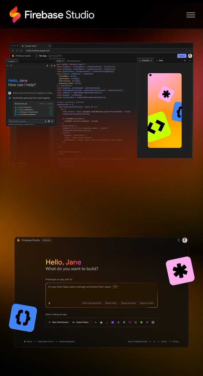 hckinz's tweet image. Google just released firebase.studio🙌 it's like lovable+cursor+replit+bolt+windsurf all in one @testingcatalog