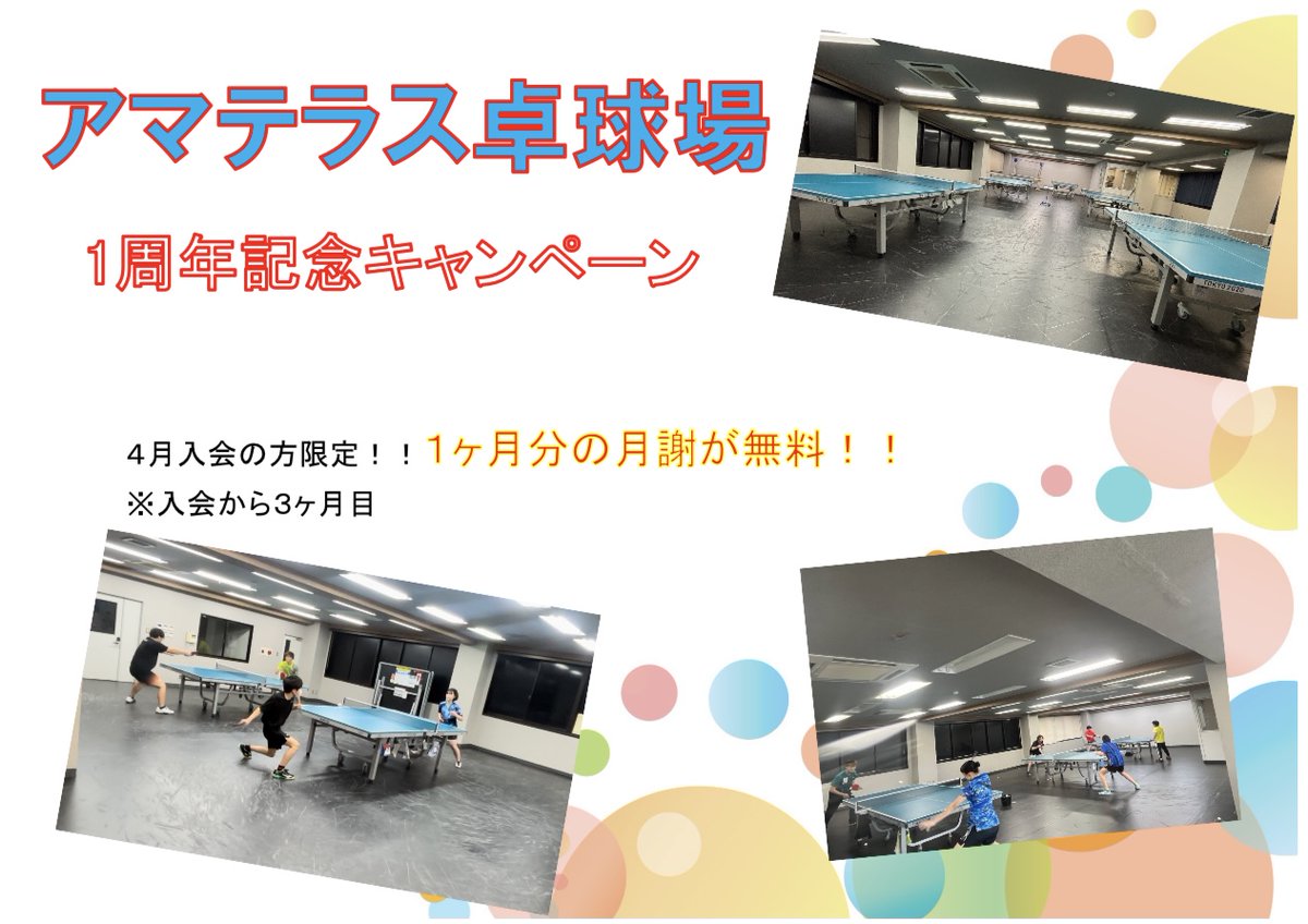 アマテラス卓球場は4月で1周年を迎えました🎊

1周年に伴いキャンペーンを開催いたします！期間は本日から5月10日まで！！
期間中に入会した場合は3ヶ月目の月謝が無料となります！
既存の会員さんは個人レッスン一回半額とさせていただきます✨
気になる方は是非公式ラインの方にご連絡ください！
