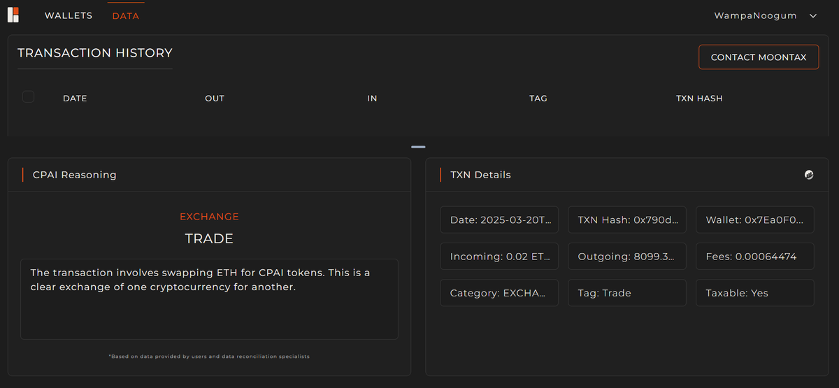 🟠 CPAI MVP is live.

You can now:
• Export CSVs per wallet
• View labeled transactions across Ethereum &amp; Solana
• Catch swaps, bridges, staking, and income—clearly tagged

Our AI agents learn from each transaction pattern improving accuracy, adapting to new behaviors, and
