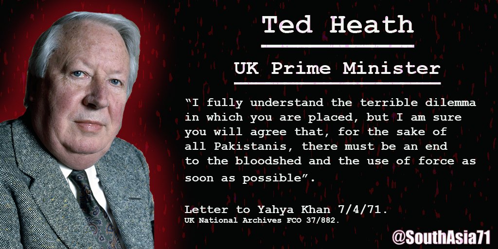 Spiritof1971_'s tweet photo. #TheSpiritOf1971

07 April 1971- British Prime Minister Ted Heath wrote a letter to Yahya Khan callling for "an end to the bloodshed as soon as possible"

In April 1971, Henry Kissinger, the US National Security Adviser issues a "SECRET" note: 
"Don't squeeze Yahya at this time." https://t.co/KPj5gDA4ds