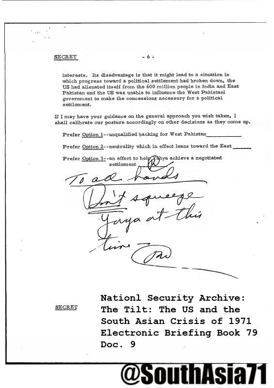 Spiritof1971_'s tweet photo. #TheSpiritOf1971

07 April 1971- British Prime Minister Ted Heath wrote a letter to Yahya Khan callling for "an end to the bloodshed as soon as possible"

In April 1971, Henry Kissinger, the US National Security Adviser issues a "SECRET" note: 
"Don't squeeze Yahya at this time." https://t.co/KPj5gDA4ds