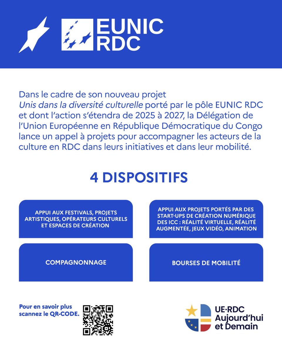 EunicPole's tweet photo. APPEL À PROJETS !
Dans le cadre du projet « Unis dans la diversité culturelle », en partenariat avec @UEenRDC, cet appel à projets vise à accompagner les acteurs culturels en RDC dans leurs initiatives et leur mobilité.

Plus d'infos,  scannez le QR code sur le visuel. https://t.co/44fahYqYV4