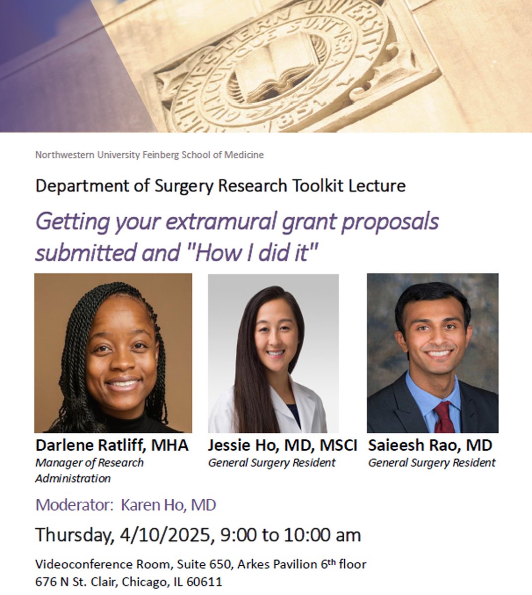 Karen J. Ho, MD (@karenholab) on Twitter photo DOS Research Conference is tomorrow at 9 am!
Darlene Ratliff will explain how extramural grant proposals are handled by DOS Research Administration. <a href="/JessieHo_/">Jessie Ho</a> and <a href="/SaieeshRao/">Saieesh Rao</a> will share how they balanced clinical residency with grant planning and preparation!
<a href="/NMSurgery/">Northwestern Surgery</a> DOS Research Conference is tomorrow at 9 am!
Darlene Ratliff will explain how extramural grant proposals are handled by DOS Research Administration. <a href="/JessieHo_/">Jessie Ho</a> and <a href="/SaieeshRao/">Saieesh Rao</a> will share how they balanced clinical residency with grant planning and preparation!
<a href="/NMSurgery/">Northwestern Surgery</a>