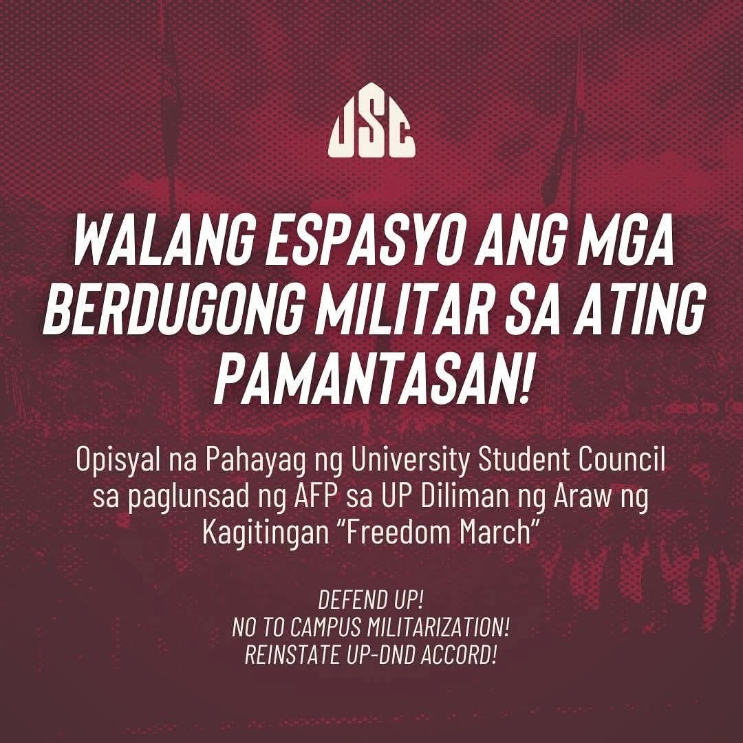 tinigngplaridel's tweet photo. NEWS UPDATE: The UP Office of the Student Regent (OSR) and various student formations denounce the presence of the Armed Forces of the Philippines (AFP) in the university for its “Freedom March” today, April 9.
#DefendUP https://t.co/gyP3QaH6Xi