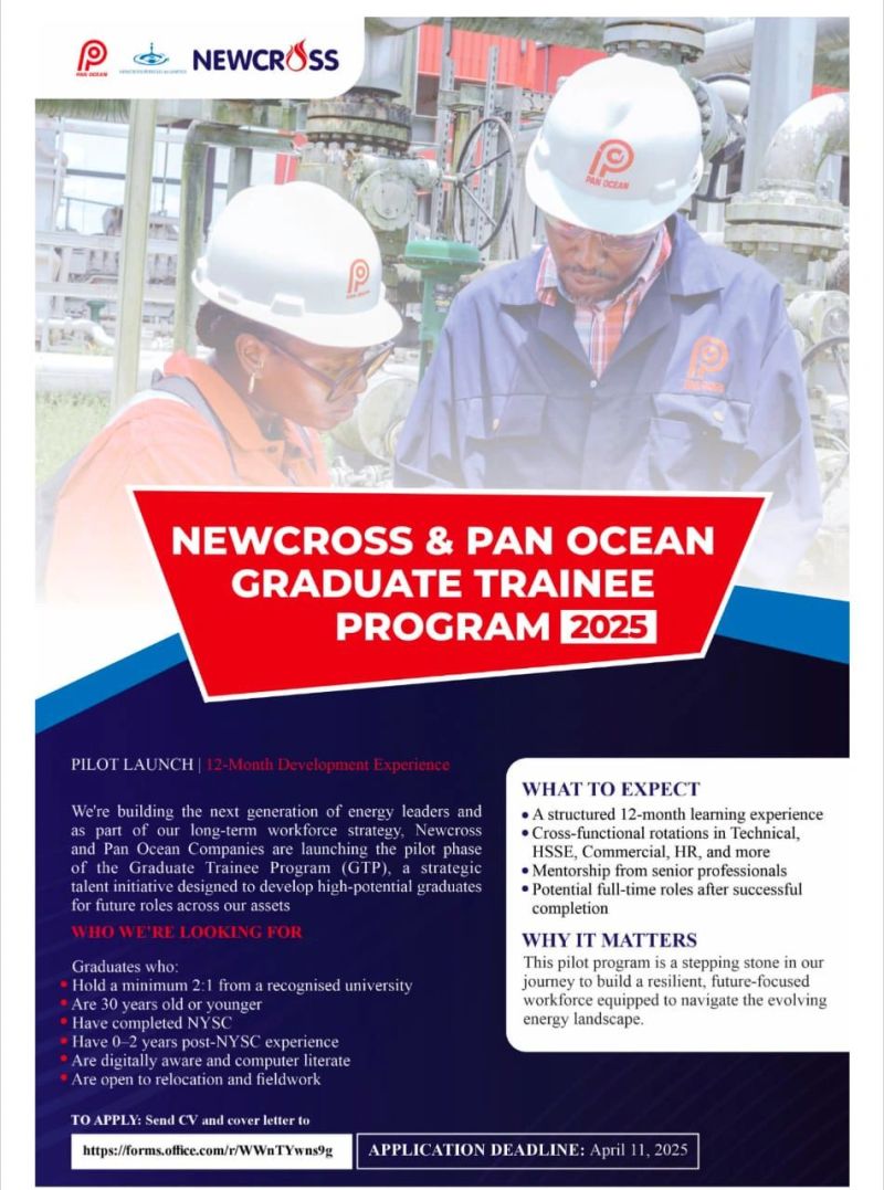 realjobberway's tweet photo. Graduate Trainee Program 2025 at Pan Ocean Oil Corporation (Nigeria) Limited
https://t.co/qz6ZCB0mRB
#applynow #jobs #openings #graduatetrainees #graduatejobs #entrylevel #needajob @NewcrossEP https://t.co/UV5RpUbp0K
