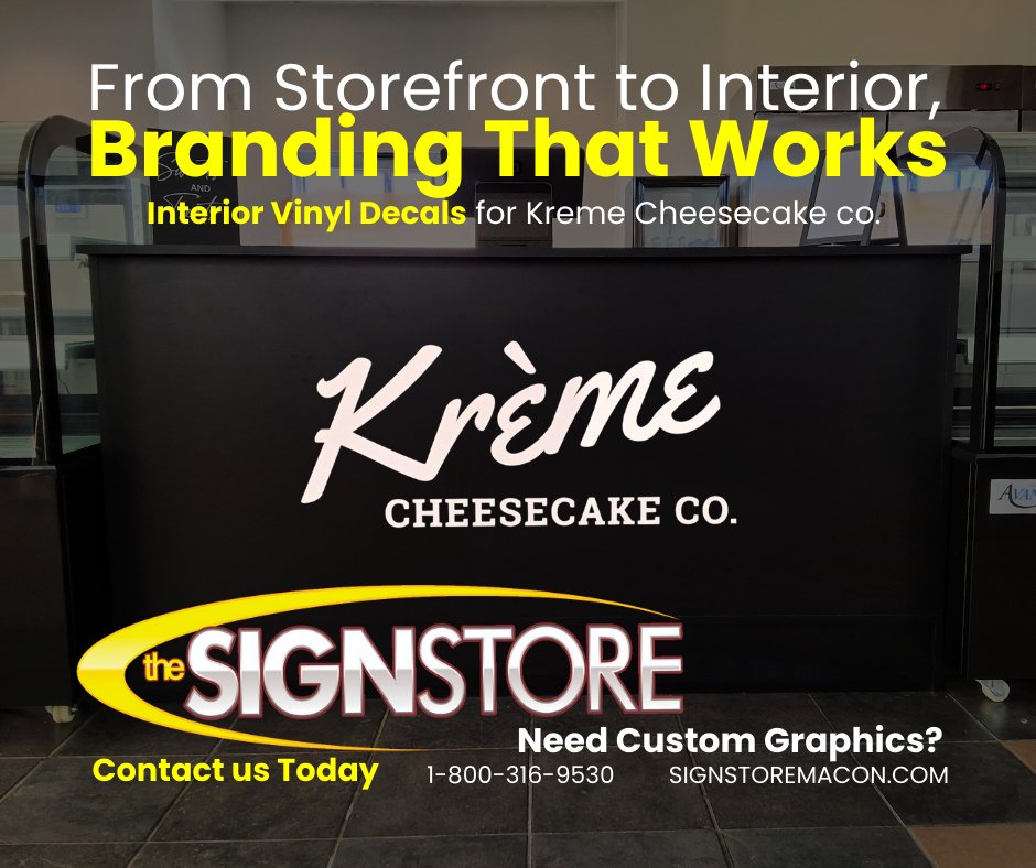 signstoremacon's tweet photo. Return to Krème Cheesecake Co. to install interior vinyl decals for brand consistency from curb to counter. Call for custom decals. 
1-800-316-9530 #InteriorGraphics #RestaurantBranding #KrèmeCheesecake #WallDecals #VinylLettering #TheSignStore https://t.co/NB09dmO3Rm