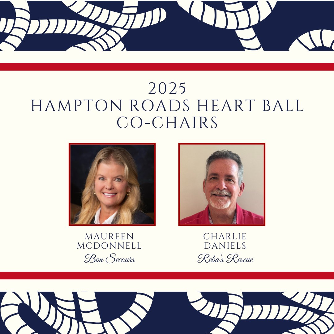 AmericanHeartVA's tweet photo. Meet your 2025 Hampton Roads Heart Ball Co-Chairs! ⚓ ♥️ 

Maureen McDonnell and Charlie Daniels cordially invite you to Sail Into the Second Century with us at the Hampton Roads Heart Ball on Friday, May 16, 2025. https://t.co/S4MPV3TOCi https://t.co/9JCAL4DJxi