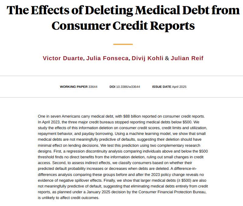 The April 2023 decision to stop reporting medical debts below $500 on consumer credit reports had no effect on credit access or financial health, from Victor Duarte, <a href="/JuliaAFonseca/">Julia Fonseca</a>, Divij Kohli, and Julian Reif nber.org/papers/w33644