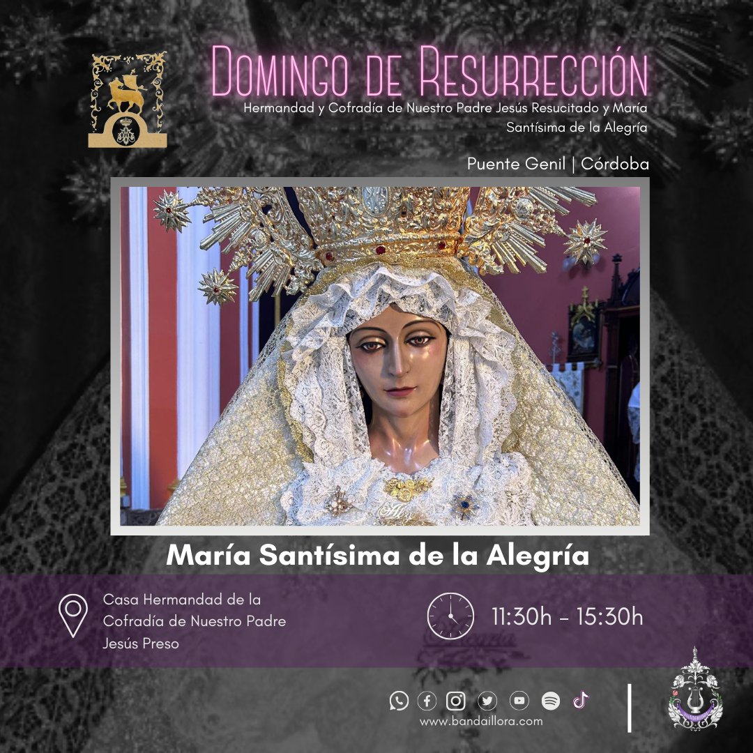 🟣⚪🟣DOMINGO DE RESURRECCIÓN 🟣⚪🟣

Esta mañana acompañaremos a Mº Stma de la Alegría de Puente Genil

⌚Salida: 11:30h
💒Casa Hdad. de la Cofradía de Ntro Padre Jesús Preso
📍Puente Genil
⏰Entrada: 15:30h

#suenaillora #bandaillora #semanasanta #semanasanta2025 #cofradias
