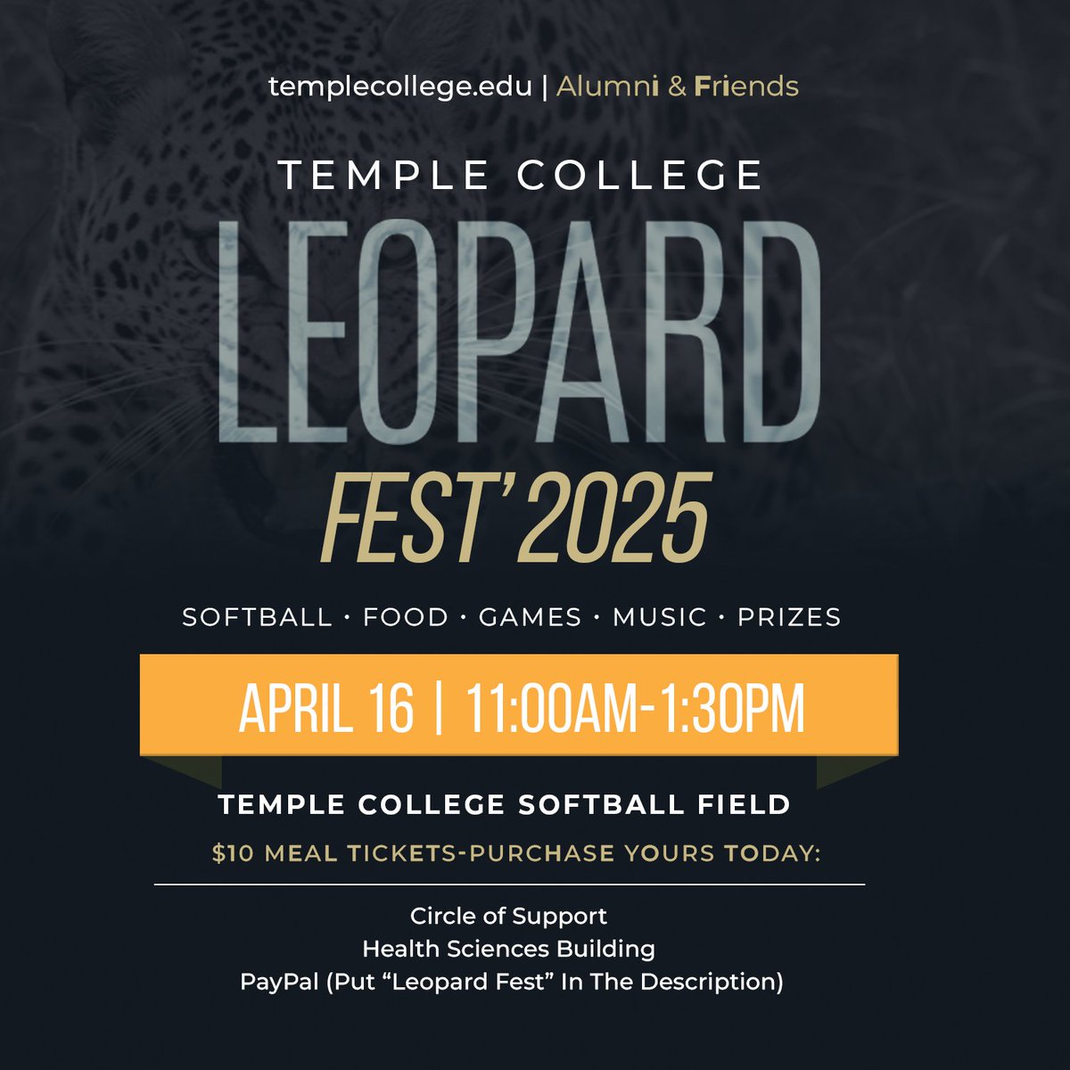TempleCollege's tweet photo. Leopard Fest is Just One Week Away!
Tickets are still available, and we’d love to see you there! The weather’s looking perfect for next Wednesday—partly cloudy with a high of 79°—just right for food, fun, softball, and mouthwatering burgers!

Tickets are still available at the Arnold Student Union in the Circle of Support for $10. Each purchase will also get you two raffle tickets to enter a drawing for an amazing prize!

Don’t miss out—reserve your tickets today and get ready for a fantastic day!

#TempleCollege #YourCommunitysCollege #LeopardFest #Softball #TempleTexas