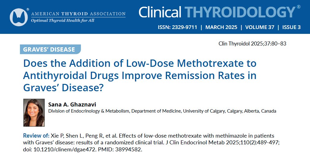 Clinical Thyroidology (@clinicalthyroid) on Twitter photo Anti-thyroid drug + low-dose #methotrexate increases #GravesDisease remissions in new data from #JCEM reviewed by Dr. Ghaznavi in this month’s issue.
Will this change practice?
ow.ly/pYQ550Vw0OI
#medtwitter #endotwitter #hyperthyroidism <a href="/TheEndoSociety/">Endocrine Society</a> <a href="/GDATF/">Graves' Disease & Thyroid Foundation</a> #thyroid Anti-thyroid drug + low-dose #methotrexate increases #GravesDisease remissions in new data from #JCEM reviewed by Dr. Ghaznavi in this month’s issue.
Will this change practice?
ow.ly/pYQ550Vw0OI
#medtwitter #endotwitter #hyperthyroidism <a href="/TheEndoSociety/">Endocrine Society</a> <a href="/GDATF/">Graves' Disease & Thyroid Foundation</a> #thyroid