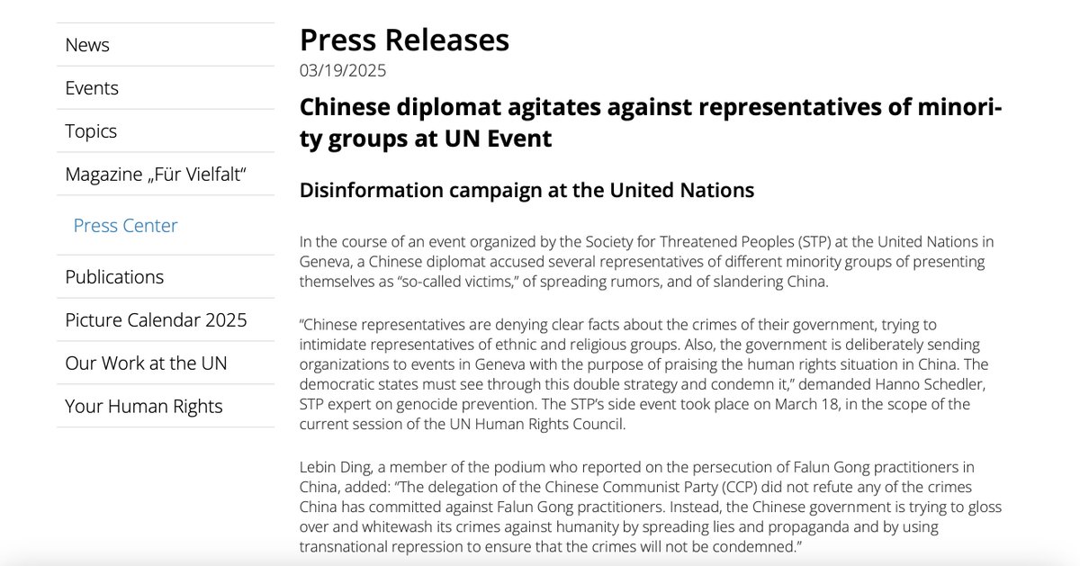 ding_lebin's tweet photo. The #CCP (Chinese Communist Party) is #not China.

After the delegation of the Chinese #Communist China failed to silence me at the #UN Human Rights Council @unhrcpr, while I made an oral statement to the UNHRC on behalf of the Society for Threatened People (#STP) @GfbV, a Germany-based NGO with an consultative status at both the UN Economic and Social Council and the Council of Europe, the #CCP has tried to #silence me abroad by intensifying the persecution of my #parents in China.

At the UNHRC @UNHumanRights @antonioguterres, I was able to report on the ongoing persecution of #FalunGong, the #forced organ harvesting of Falun Gong practitioners and other prisoners of conscience, and the intensified #TransnationalRepression against Falun Gong practitioners and Chinese human rights defenders abroad.

My parents (father: Mr #DingYuande; mother: Mrs Ma Ruimei) are tea farmers and good people. My parents have been persecuted by the #CCP for more than 25 years solely because of their belief in the Chinese spiritual practice of #FalunGong. They have done #nothing against Chinese law.  

Due to the ongoing persecution of Falun Gong by China’s communist regime, our family of three has been separated: My father Mr #DingYuande is being detained in the #Shandong Province Prison #without any legal basis, my mother is under surveillance in our village after her release due to the rescue campaigns abroad, and I their only child am living in exile in #Berlin.

In Chinese prison my father is subjected to #torture, #brainwashing, forced labour and is at serious risk of #ForcedOrganHarvesting from Falun Gong practitioners and other prisoners of conscience by the CCP.  

Despite being the only child in my family, I have not been able to see my parents in person for over 12 years. I haven’t been able to celebrate the #Chinese New Year with them. We haven’t even had an opportunity to share a single meal together or to take a #family photo.

In May 2023, my parents were #illegally arrested at home. Especially after my father was illegally sentenced in December 2023, my grandmother was distraught and in tears. She died suddenly on 05 February 2024 at the age of 82 and could not see my father for the last time. As a result, my father was unable to attend her funeral.  

The #CCP is trying to #silence me because of my public and ongoing advocacy to free my parents and to end the ongoing CCP´s state crimes against all Falun Gong practitioners. I do #not feel safe in Germany and Europe.

In response to my appeal to end the ongoing state crimes against Falun Gong practitioners and to free my parents from the brutal persecution of Falun Gong in China, the European Parliament adopted the landmark EU resolution "The ongoing persecution of Falun Gong in China, notably the case of Mr #DingYuande (2024/2504(RSP))" on 18 January 2024 in Strasbourg.

In this landmark resolution, the European Parliament calls on the CCP and Communist China to unconditionally and immediately release my father, Mr Ding Yuande, and #all Falun Gong practitioners in China. This is the #first time in the history of the EU that both the European Parliament and the EU have taken rescue actions to free a Chinese #peasant family from the CCP's ongoing state crime.

In 2019, the China Tribunal on Forced Organ Harvesting in London, chaired by Sir Geoffrey Nice QC, who previously led the prosecution of former Yugoslavian President Slobodan Milosevic at the International Criminal Tribunal, concluded that forced organ harvesting had taken place in China for years “on a #significant scale”, with Falun Gong practitioners being the “principal source” of the CCP´s ongoing state crimes.

Writing in The Diplomat, Ms Tasnim Nazeer @TasnimNazeer1, an award-winning journalist sanctioned by the CCP for her work to end the CCP's state crimes against Uyghurs, has revealed that the CCP has ordered a new global strategy against Falun Gong. The focus is on launching #disinformation campaigns through social media influencers and Western media and #weaponizing the American legal system to go after companies set up by Falun Gong practitioners.

Lawmakers from USA, UK and Sweden have also condemned the new #TransnationalRepression campaign and espionage activities against Falun Gong.

In November 2024, the #California man John Chen was sentenced to 20 months in prison for a #TransnationalRepression plot targeting Falun Gong practitioners in the #USA. @TheJusticeDept

After the U.S. House of Representatives passed the #FalunGongProtectionAct on 25 June 2024, several U.S. Senators and U.S. Representatives reintroduced the Falun Gong Protection Act on a #bipartisan basis in both the U.S. Senate on 3 March 2025 and the House of Representatives on 24 February 2025.

Both the aforementioned European Parliament´s resolution of 18 January 2024 and the Falun Gong Protection Act aim to #sanction all perpetrators and entities that have contributed to the persecution of Falun Gong in China and abroad.

It is time to #end the CCP´s ongoing state crimes against Falun Gong practitioners and other prisoners of conscience.

Indeed, the very existence of the CCP threatens the #peace and #security of the free world of democratic countries.

The CCP is #not China. It is time for the free world of democratic countries to end the #dictatorship of the CCP and to end the CCP.

🔵 Learn more about the CCP´s new global strategy to persecute Falun Gong: 👇
https://t.co/pXU8qQOwK9

@volker_turk @NazilaGhanea @DrAliceJEdwards @gahler_michael @MiriamMLex @EnginEroglu_FW
@weimers @MarketkaG @hermanntertsch
@rglucks1 @AnnaFotyga_PL @isabel_mep @FMCastaldo 
@RepScottPerry @RepMcCaul @MichelleSteelCA @Jim_Banks @RepMcGovern @RepAndreCarson @marcorubio @SenRickScott @SenTedCruz @RepPatFallon @RepTiffany @RepGusBilirakis @RepBrianFitz @RepOgles @Lancegooden @RepBurgessOwens @TXRandy14 @SenRonJohnson @SenThomTillis @DavidAltonHL @JimShannonMP @ipacglobal @CECCgov @committeeonccp @FalunInfoCtr