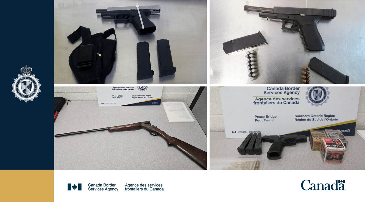 #CBSA officers found five handguns, a shotgun, ten magazines and ammunition from six U.S. residents crossing the border into Southern Ontario. The items were seized and subjects were arrested under the Customs Act. #WeeklyWeaponsWrap