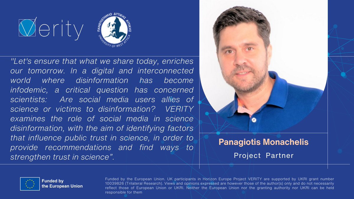 VerityEU's tweet photo. Are social media users allies of science or victims of disinformation? 🤔

Panagiotis Monachelis (Univ. of West Attica 🇬🇷) is a partner from #VERITY in exploring how social media shapes trust in science, and how we can protect it. 🔍

Stay tuned!

#ScienceTrust #Disinformation https://t.co/1sTRXtitj7