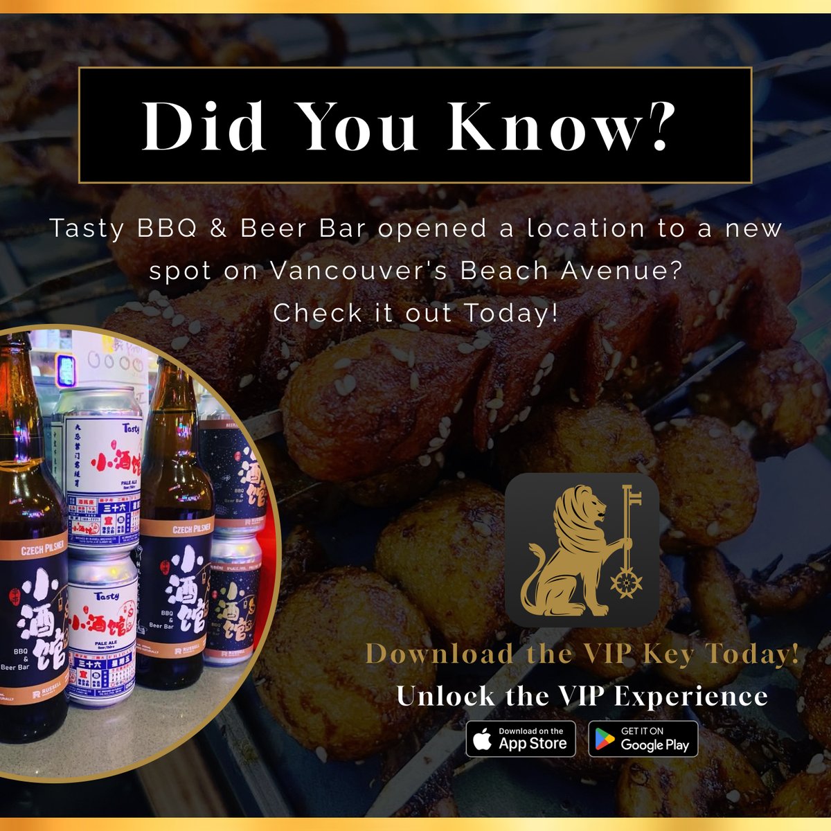 VipKeyClub's tweet image. Tasty BBQ &amp;amp; Beer Bar 🍢🍻
@bbq.tasty

Experience the vibrant flavours of authentic Chinese barbecue at Tasty BBQ &amp;amp; Beer Bar in Richmond! 🤤

For more information:
🌎 tastybbq.ca
📷 @bbq.tasty

Download the VIP Key today! 📲

#ChineseBBQ #BeerBar #FoodieHeaven
