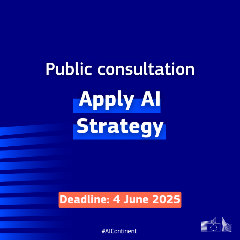 DigitalEU's tweet photo. 🗣 What are the priorities &amp; challenges to the uptake of AI?
 
Participate in a public consultation on the Apply AI Strategy to give your input on the use of AI in different sectors, possible policy approaches &amp; more!
 
📆 The consultation is open until 4 June.

Learn more ⬇