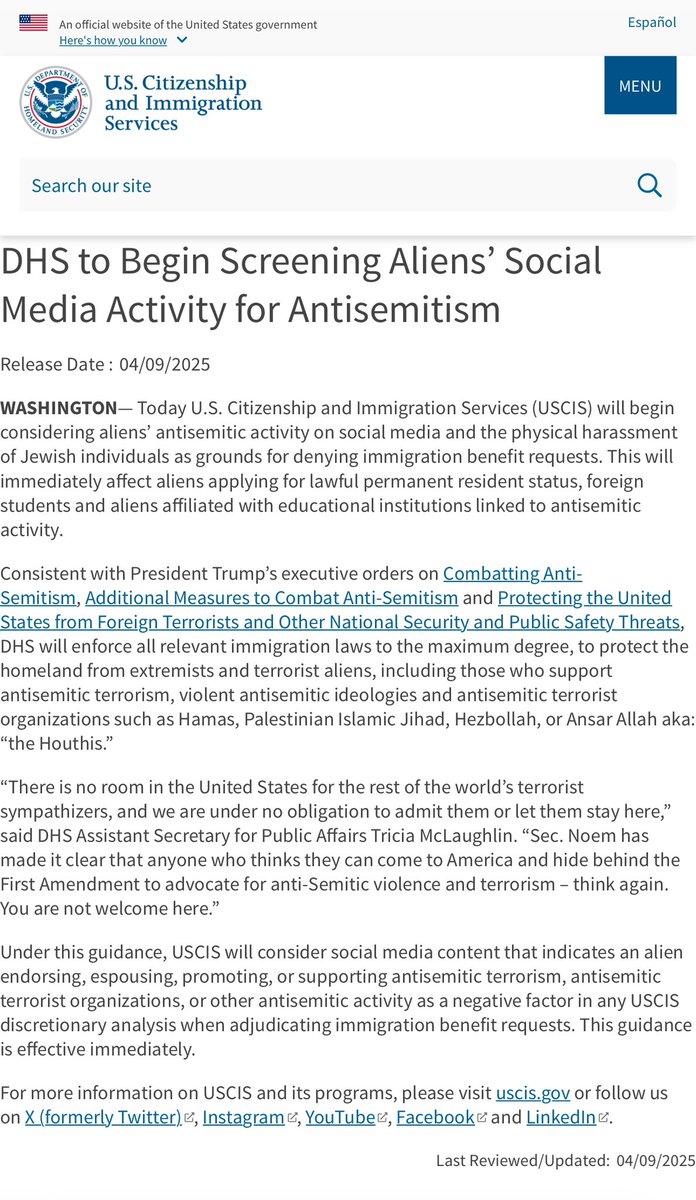 BREAKING | U.S. to Deny Visas &amp; Green Cards Based on “Antisemitic” Social Media Activity—Targeting Support for Palestinian Groups and Resistance to Israeli Occupation and Genocide

Starting today, U.S. immigration officials will begin combing through social media posts to deny