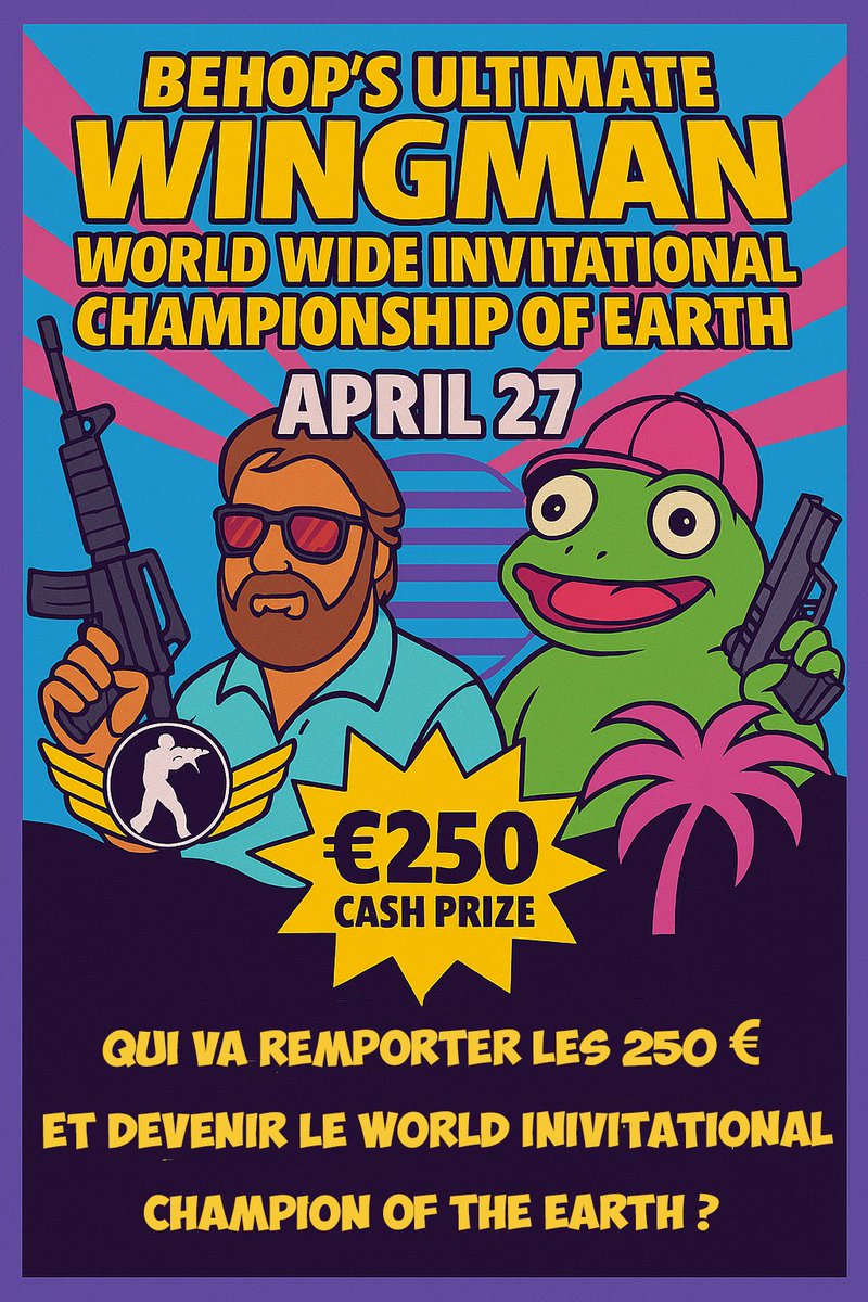 BeHopGG's tweet photo. 🚨🚨Behop's Utilmate Wingman World Wide Invitation Championship of Earth 🚨🚨

250€ de cash pour le meilleur duo , &amp; des points faceit à la clé !

27 AVRIL - WINGMAN
Le tout stream sur @Behop_VeeK 

Lien pour s'inscrire en réponse ! https://t.co/h3Ul3vmUmL