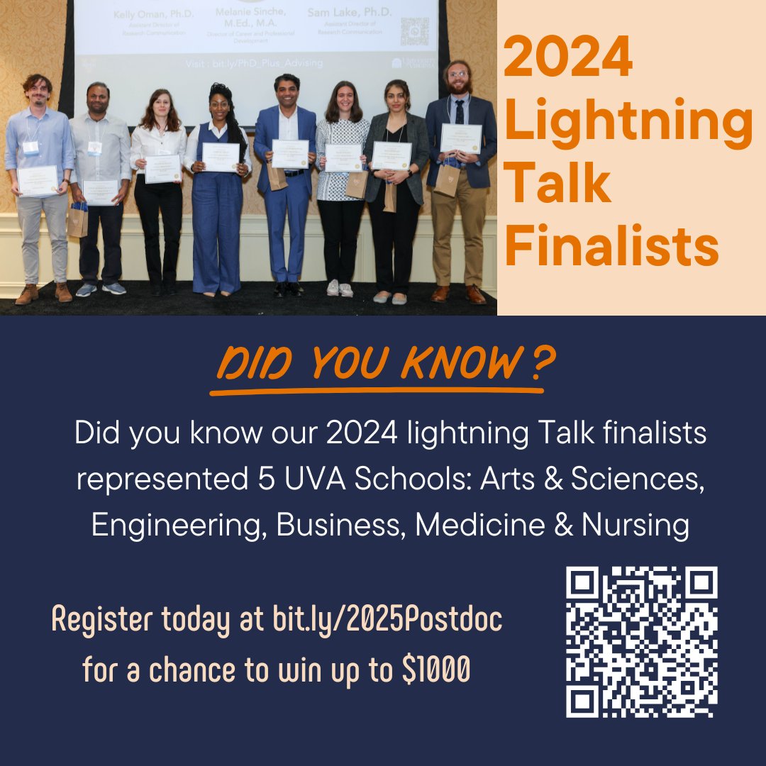 Did you know that the lightning talk finalists at the 2024 UVA Postdoc Symposium came from many different disciplines?

This year, the winner could be you! We welcome submissions from postdocs across all disciplines. You have a role to play here! Scan the code and register now!