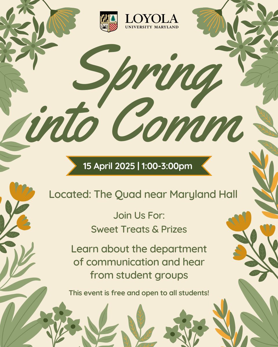 📣 Repost &amp; Reminder!
Our Spring into Comm event is just around the corner! 🌼🌿
🗓 April 15, 2025
🕐 1:00–3:00 PM
📍 The Quad near Maryland Hall

This event is free and open to all students — don’t miss it! 💚💛