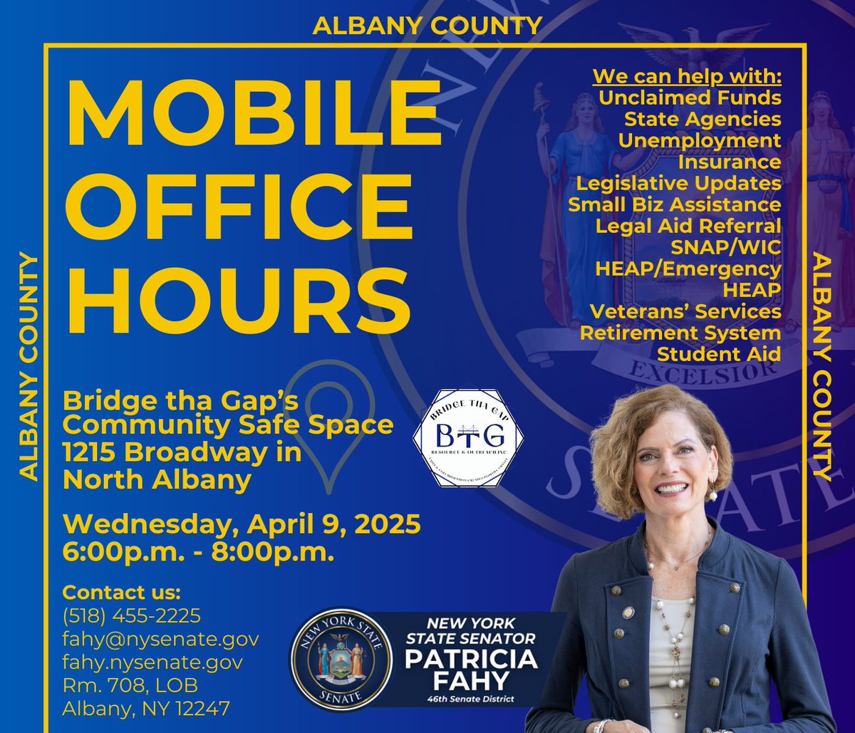 Tonight! Join my Director of Community Relations for Mobile Office Hours at Bridge Tha Gap's Community Safe Space in North #Albany at 1215 Broadway from 6:00p.m. - 8:00p.m.

Stop by to see what we can help you with!