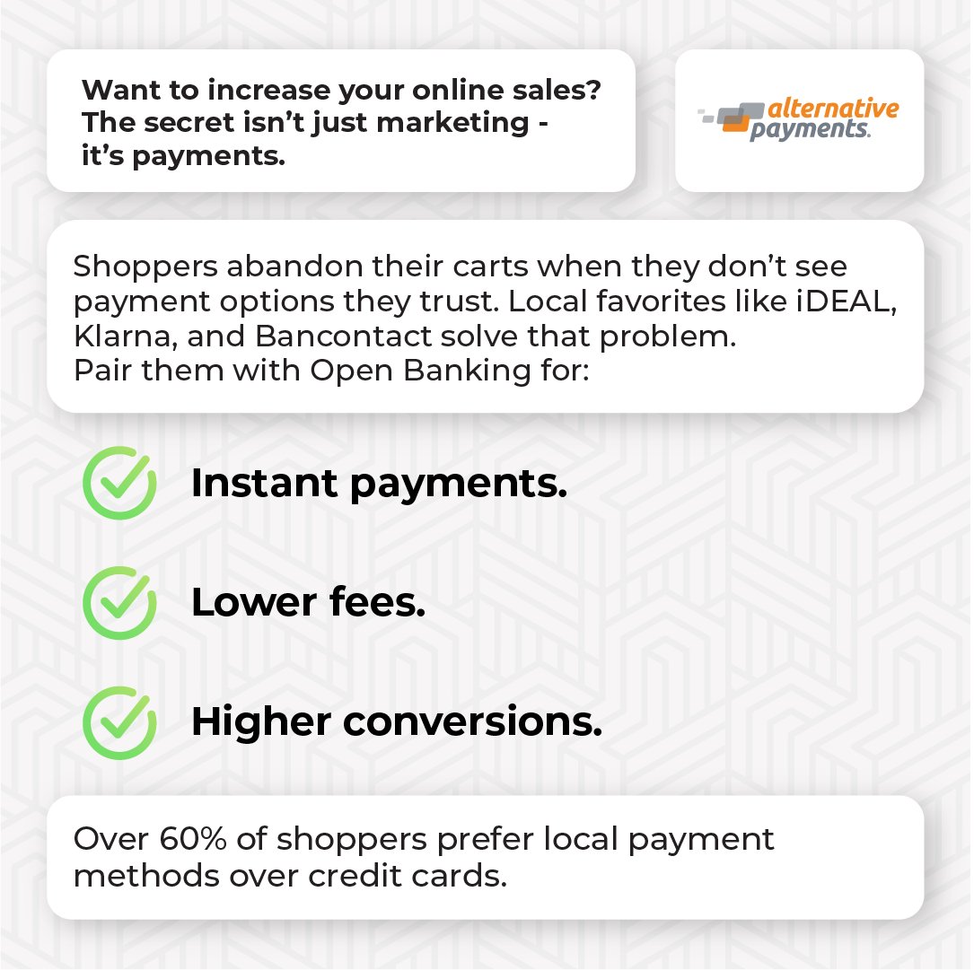 Alternative Payments (@alternative_pay) on Twitter photo Want to boost your online sales? Start with the payment methods you offer.
Over 60% of shoppers prefer local payment methods over credit cards - and if they donβt see their favorite, theyβre likely to abandon the cart. Want to boost your online sales? Start with the payment methods you offer.
Over 60% of shoppers prefer local payment methods over credit cards - and if they donβt see their favorite, theyβre likely to abandon the cart.
