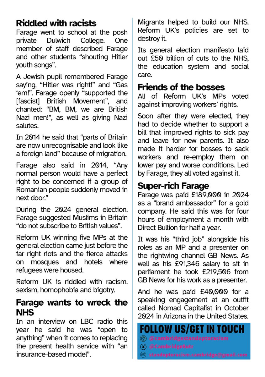 Reform UK are a Far Right racist party - can you help us stop them? - Join campaign activities across Cambridgeshire  mailchi.mp/f3a33b297f1a/s…