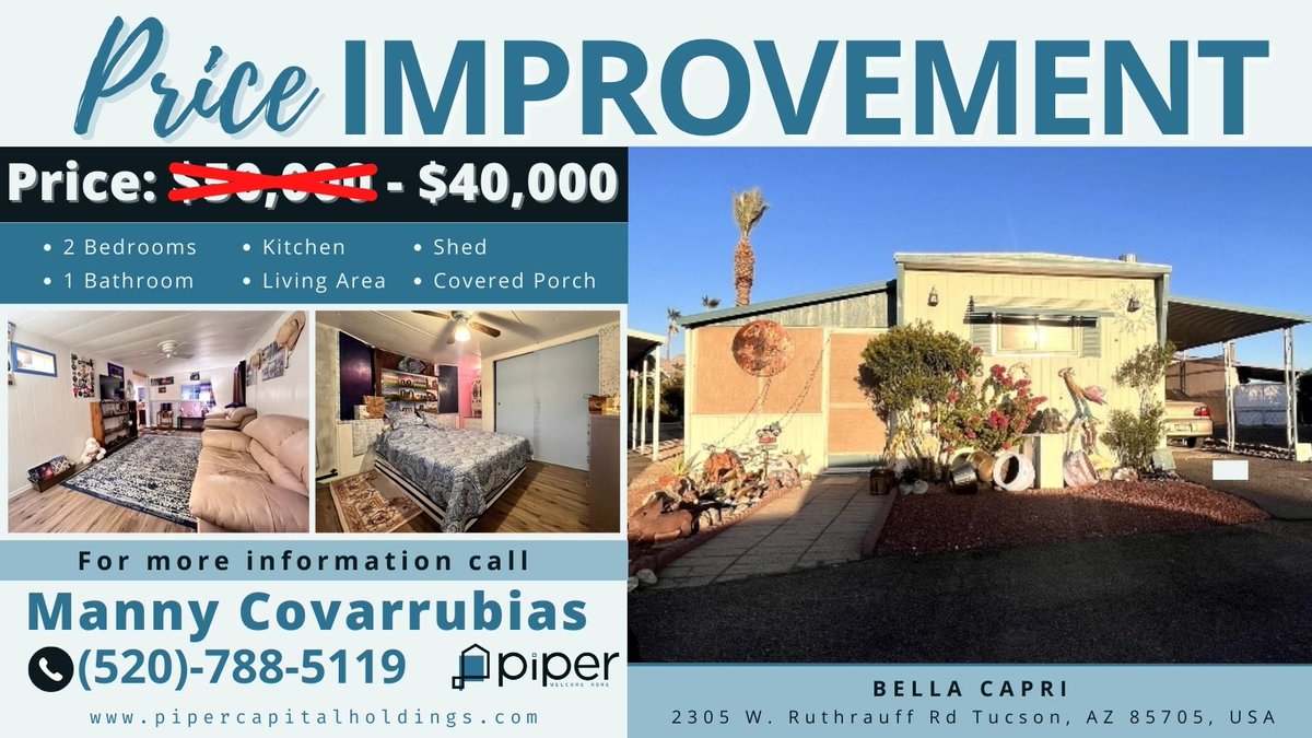 PiperCapital's tweet photo. PRICE IMPROVEMENT!

Now $40,000 (was $50K)!
2 Bed | 1 Bath | 720 sq ft
Bella Capri – 2305 W. Ruthrauff Rd Tucson, AZ 85705
This one-of-a-kind home features bold colors, unique decor &amp; tons of charm! A must-see masterpiece!
📞 Manny: (520)-788-5119
✉️ maahcomo@gmail.com https://t.co/L9YhKZCPiP