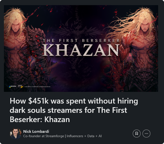 NotRaker's tweet photo. I analyzed how Nexon spent $451k without hiring any souls streamers for The First Beserker: Khazan's launch.

I also touch on what % of Souls players they were able to convert.

You will get:
- a breakdown of marketing activations
- budget distribution by platform
- a full list of creators hired

Continue reading below...