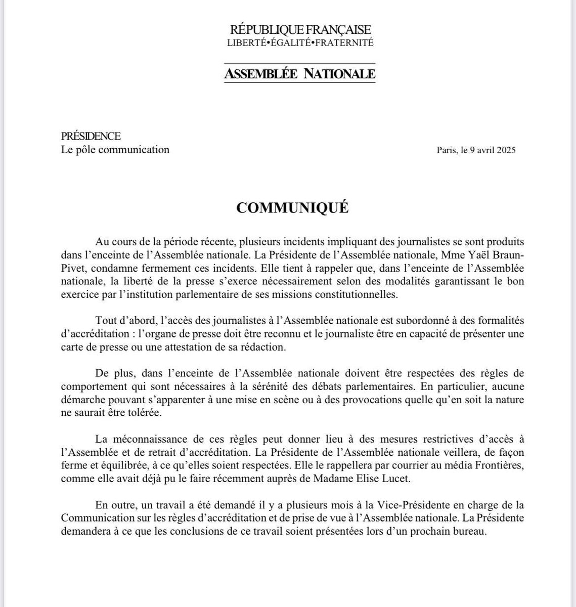 Michvalou's tweet photo. @Frontieresmedia @GWGoldnadel Communiqué de la présidente de l'assemblée qui va sûrement vous retirer votre accréditation https://t.co/I9ybTAB2Fd