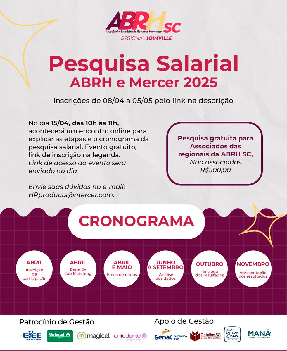 🔎 Olha só! A Pesquisa Salarial ABRH e Mercer de 2025 já está disponível!
Link para participar da pesquisa salarial:
legato.mercer.com/jfe/form/SV_1F…
Link de inscrição do evento online do treinamento do dia 15/04 às 10h: app.higestor.com.br/inscricao/1418…