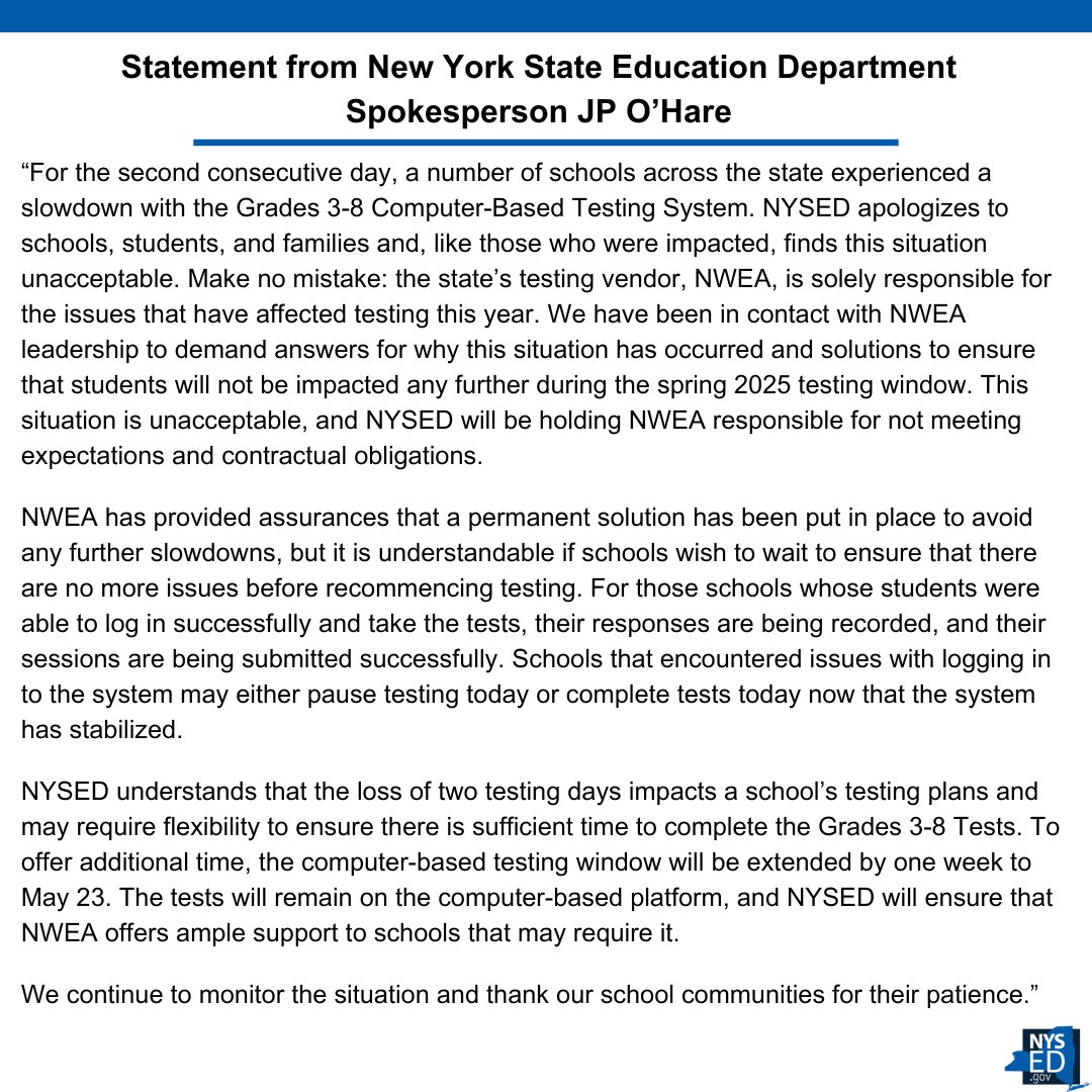 Statement from New York State Education Department Spokesperson JP O’Hare: bit.ly/4cly17C