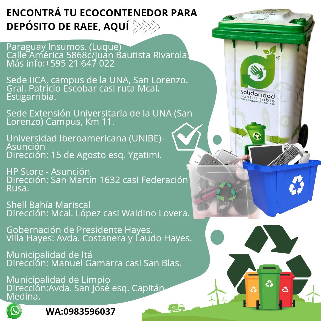 sosustentablepy's tweet image. 😉👉Decile sí al reciclaje ♻️ Podés depositar tus RAEE (residuos de aparatos eléctricos y electrónicos) y otros equipos e insumos informáticos en desuso en los siguientes puntos habilitados. 
✅Escribí al 0983596037 o al correo: solidaridadsustentable2020@gmail.com para más info