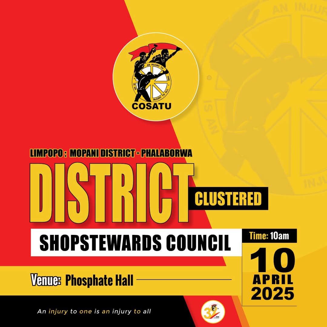 _cosatu's tweet photo. #COSATU Limpopo #Shopsteward Council are as follows;
*Sekhukhune DSSC is hosted by Fetakgomo Local at Moses Mabotha Hall.
*Mopani DSSC is hosted by Phalaborwa Local at Photsphate Hall.
*Waterberg DSSC is hosted by Modimolle Local at Modimolle Prison.
#BacktoBasics
@IOL
โค๏ธ๐ค๐ https://t.co/GgNm4qUIHi