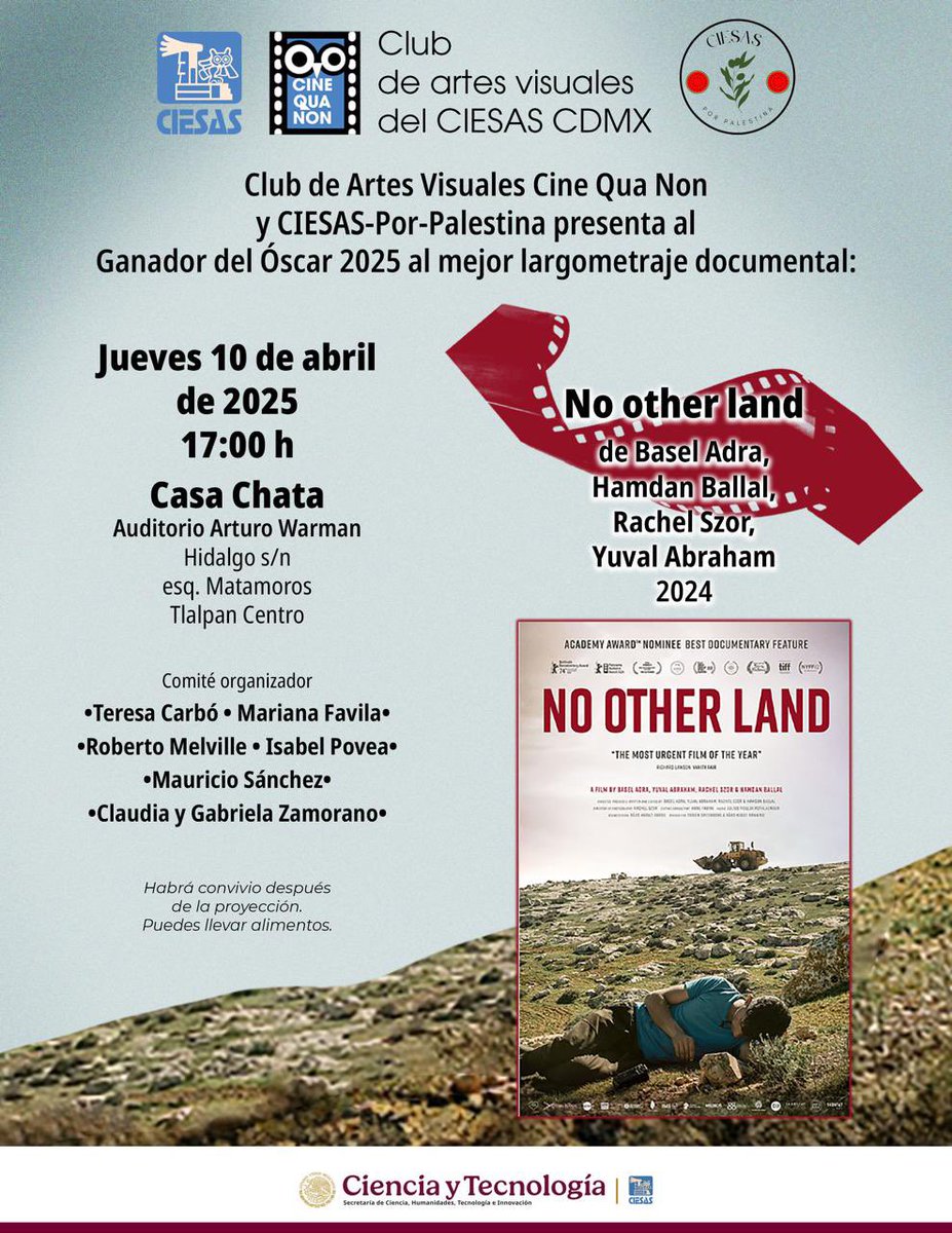 🎬 Mañana nos vemos en Casa Chata (<a href="/ciesas/">CIESAS</a> ) para ver y conversar sobre “No Other Land”, el documental que acaba de ganar un Óscar y narra desde dentro la resistencia palestina.