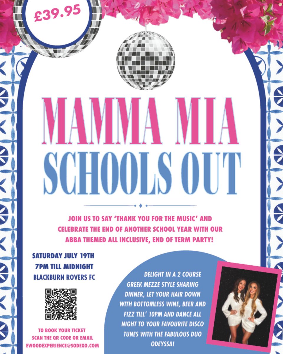 ✨Schools Out – Mamma Mia Tribute Night!✨

Join us on 19th July for a Dancing Queen-worthy party at Ewood Experience! 🎉

🍴 2-course Greek Mezze buffet
🍷 Free-flowing drinks 7-10PM
🎤 Live ABBA classics from Odeyssa
💃 Disco &amp; party vibes all night long!

Only £39.95 grab your